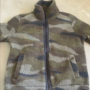 Green and Brown Camouflage Sherpa Jacket with High Collar